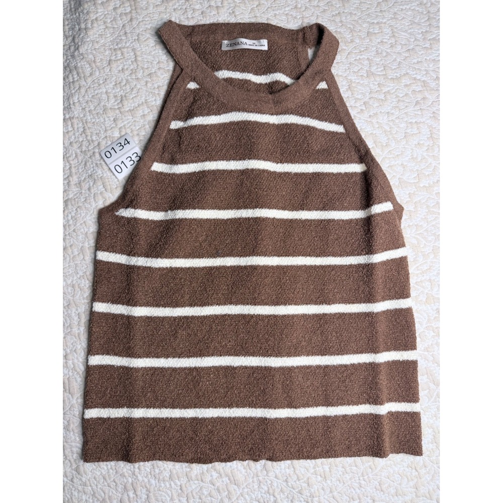 Zenana Brown White Striped Knit Halter Top Sleeveless Boucle Sweater Tank Medium